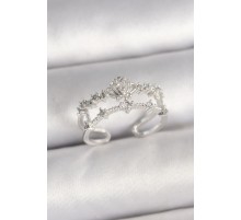 Pirinç Gümüş Renk Zirkon Taşlı Taç Model Ayarlanabilir Kadın Yüzük - TJ-BYK3686