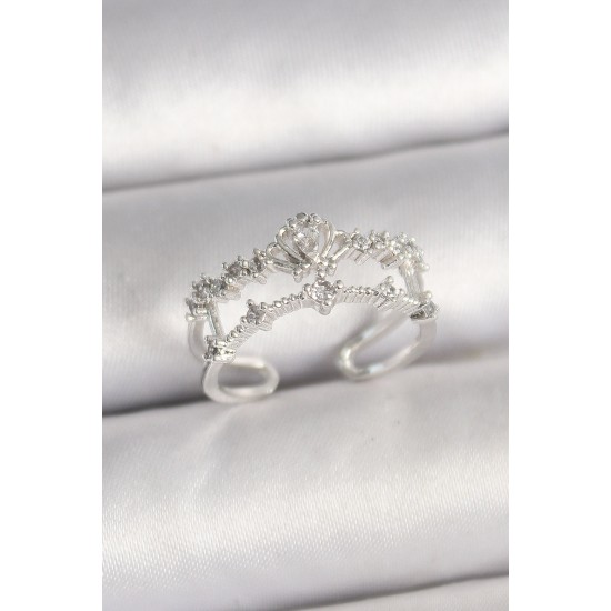 Pirinç Gümüş Renk Zirkon Taşlı Taç Model Ayarlanabilir Kadın Yüzük - TJ-BYK3686
