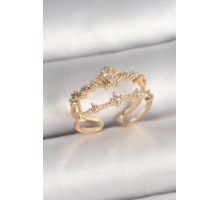 Pirinç Gold Renk Zirkon Taşlı Taç Model Ayarlanabilir Kadın Yüzük - TJ-BYK3687