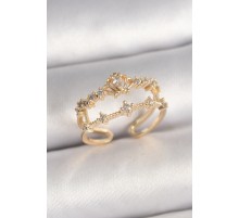 Pirinç Gold Renk Zirkon Taşlı Taç Model Ayarlanabilir Kadın Yüzük - TJ-BYK3687