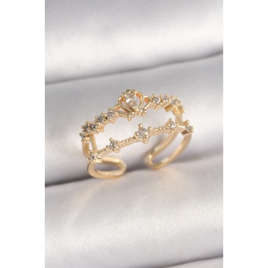 Pirinç Gold Renk Zirkon Taşlı Taç Model Ayarlanabilir Kadın Yüzük - TJ-BYK3687