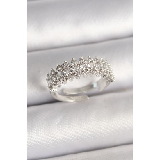 Pirinç Gümüş Renk Zirkon Taşlı Ayarlanabilir Kadın Yüzük - TJ-BYK3688