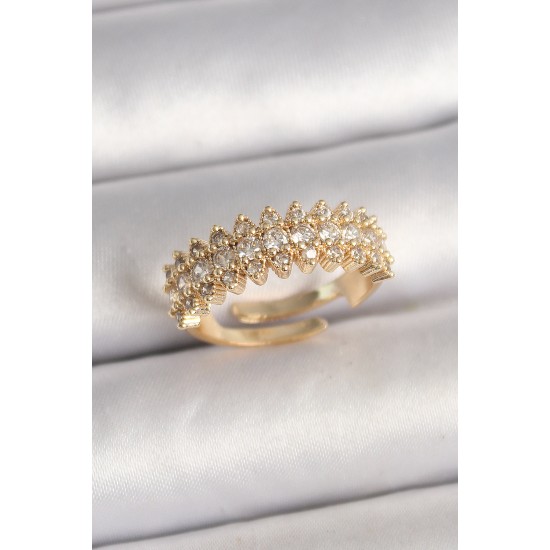 Pirinç Gold Renk Zirkon Taşlı Ayarlanabilir Model Kadın Yüzük - TJ-BYK3689