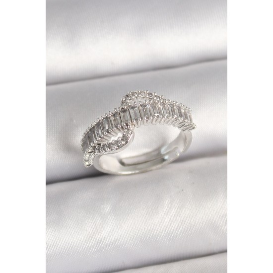 Pirinç Gümüş Renk Su Yolu Zirkon Taşlı Ayarlanabilir Model Kadın Yüzük - TJ-BYK3690