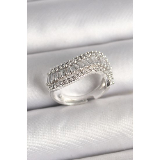 Pirinç Gümüş Renk Su Yolu Zirkon Dalga Model Ayarlanabilir Kadın Yüzük - TJ-BYK3692