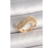 Pirinç Gold Renk Su Yolu Zirkon Taşlı Dalga Model Ayarlanabilir Kadın Yüzük - TJ-BYK3693