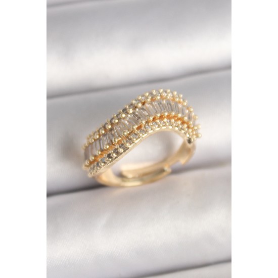 Pirinç Gold Renk Su Yolu Zirkon Taşlı Dalga Model Ayarlanabilir Kadın Yüzük - TJ-BYK3693
