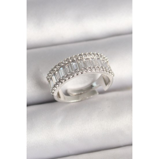 Pirinç Gümüş Renk Su Yolu Zirkon Taşlı Ayarlanabilir Model Kadın Yüzük - TJ-BYK3696