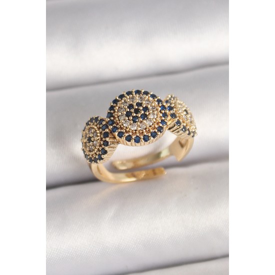 Pirinç Gold Renk Zirkon Taşlı Nazar Boncuk Model Ayarlanabilir Model Kadın Yüzük - TJ-BYK3698