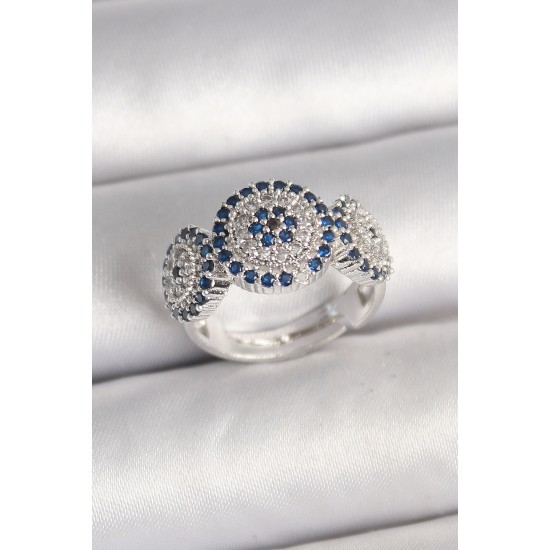 Pirinç Gümüş Renk Zirkon Taşlı Nazar Boncuk Model Ayarlanabilir Kadın Yüzük - TJ-BYK3699