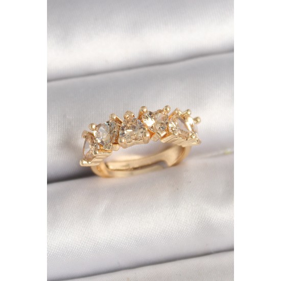 Pirinç Gold Renk Zirkon Taşlı Kalp Model Ayarlanbilir Kadın Yüzük - TJ-BYK3700