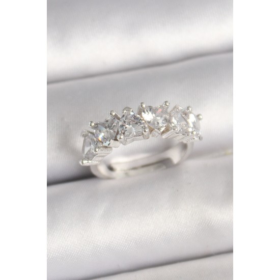 Pirinç Gümüş Renk Zirkon Taşlı Kalp Model Ayarlanabilir Kadın Yüzük - TJ-BYK3701