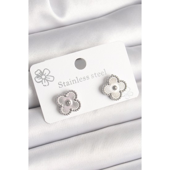 Pirinç Gümüş Renk İşlemeli Yonca Model Kadın Küpe - TJ-BKP10358