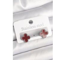 Pirinç Gümüş Renk Bordo Yonca Model Kadın Küpe - TJ-BKP10359