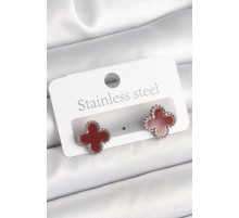 Pirinç Gümüş Renk Bordo Yonca Model Kadın Küpe - TJ-BKP10359