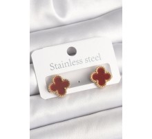 Pirinç Gold Renk Bordo Yonca Model Kadın Küpe - TJ-BKP10360
