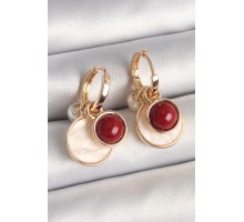 Pirinç Gold Renk Sallantı Beyaz Mineli Bordo Detay Kadın Küpe - TJ-BKP10362