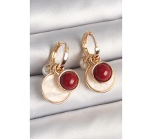 Pirinç Gold Renk Sallantı Beyaz Mineli Bordo Detay Kadın Küpe - TJ-BKP10362