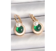 Pirinç Gold Renk Beyaz Yeşil Sallantı Mineli Kadın Küpe - TJ-BKP10363