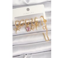 Pirinç Gold Renk Sallantı Kurdele Model Pembe Kare Zirkon Taşlı Kadın Küpe Seti - TJ-BKP10367
