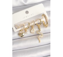 Pirinç Gold Renk Sallantı Yılan Model Zirkon Taşlı Halka Kilit Kalp Detay Kadın Küpe Seti - TJ-BKP10369
