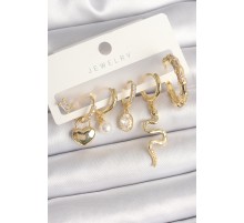 Pirinç Gold Renk Sallantı Yılan Model Zirkon Taşlı Halka Kilit Kalp Detay Kadın Küpe Seti - TJ-BKP10369