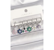 Pirinç Gümüş Renk Sallantı Renkli Zirkon Taşlı Çiçek Model Kadın Küpe Seti - TJ-BKP10370