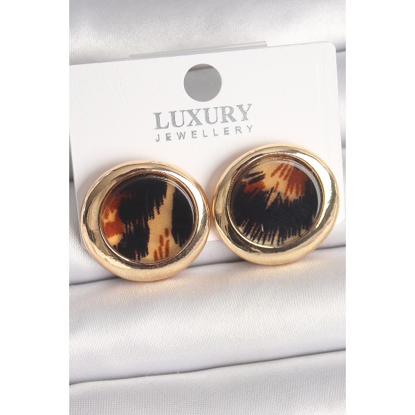 Pirinç Gold Renk Leopar Desen Daire Model Kadın Küpe - TJ-BKP10371