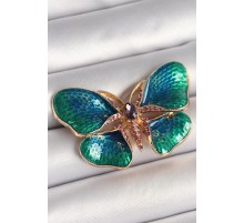 Pirinç Gold Renk Turquaz Model Zirkon Taş Detaylı Kelebek Model Kadın Broş - TJ-BR429