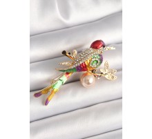 Pirinç Gold Renk Renkli Kuş Model Zirkon Taş Detay Kadın Broş - TJ-BR430