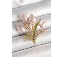 Pirinç Gold Renk Lale Model Zirkon Taş Detay Kadın Broş - TJ-BR433