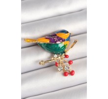Pirinç Gold Renk Renkli Kuş Model Zirkon Taş Detay Kadın Broş - TJ-BR434