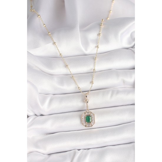 Pirinç Gold Renk Zirkon Taşlı Topçuk Zincir Serenay Model Kadın Kolye - TJ-BKO9902