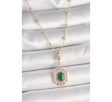 Pirinç Gold Renk Zirkon Taşlı Topçuk Zincir Serenay Model Kadın Kolye - TJ-BKO9902