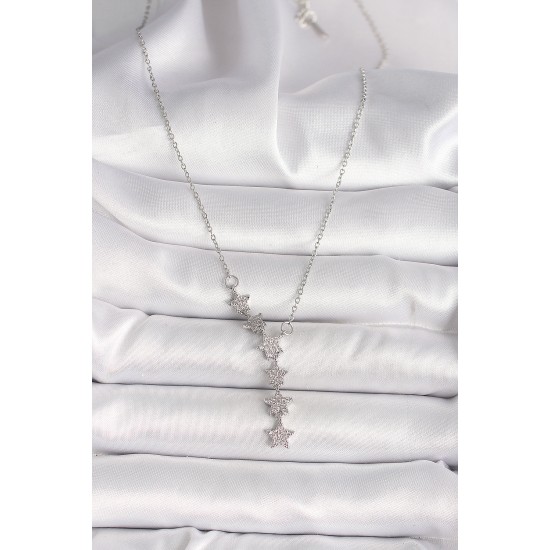 316L Çelik Gümüş Renk Zincir Zirkon Taşlı Yıldız Model Kadın Kolye - TJ-BKO9904