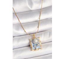 316L Çelik Gold Renk Zincir Gümüş İncili Gül Mavi Portre Model Kadın Kolye - TJ-BKO9905