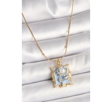 316L Çelik Gold Renk Zincir Gümüş İncili Gül Mavi Portre Model Kadın Kolye - TJ-BKO9905