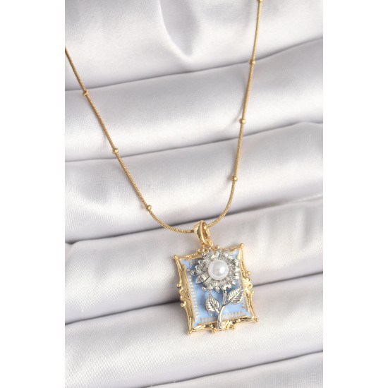 316L Çelik Gold Renk Zincir Gümüş İncili Gül Mavi Portre Model Kadın Kolye - TJ-BKO9905