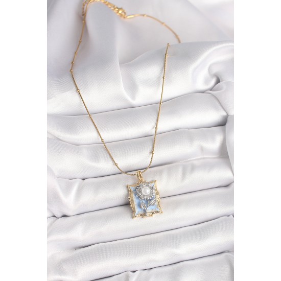 316L Çelik Gold Renk Zincir Gümüş İncili Gül Mavi Portre Model Kadın Kolye - TJ-BKO9905