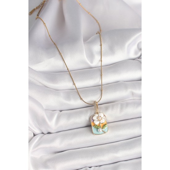 316L Çelik Gold Renk Topçuk Zincir Renkli Beyaz Çiçek Portre Model İnci Detay Kadın Kolye - TJ-BKO9906
