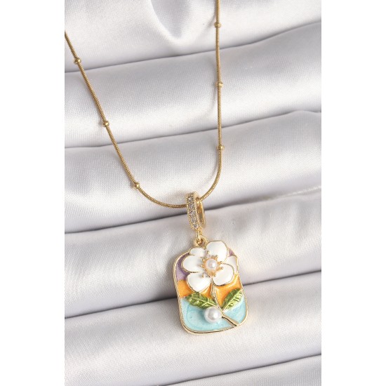 316L Çelik Gold Renk Topçuk Zincir Renkli Beyaz Çiçek Portre Model İnci Detay Kadın Kolye - TJ-BKO9906
