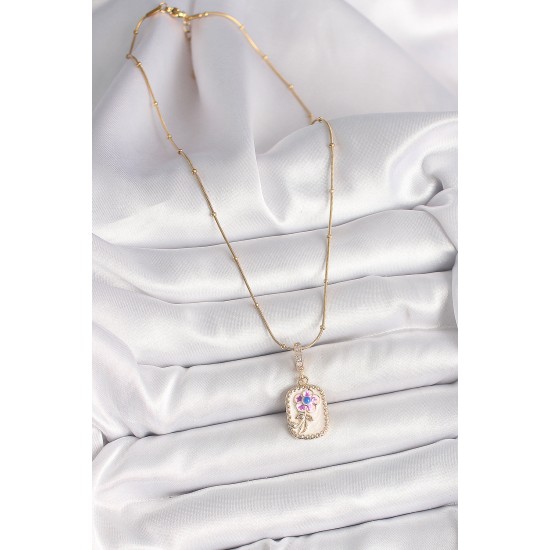 316L Çelik Gold Renk Topçuk Zincir Zirkon Taş Detaylı Beyaz Sedefli Çiçek İşleme Portre Model Kadın Küpe - TJ-BKO9907