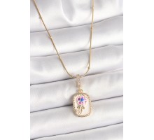 316L Çelik Gold Renk Topçuk Zincir Zirkon Taş Detaylı Beyaz Sedefli Çiçek İşleme Portre Model Kadın Küpe - TJ-BKO9907