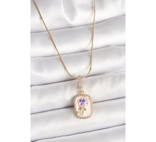 316L Çelik Gold Renk Topçuk Zincir Zirkon Taş Detaylı Beyaz Sedefli Çiçek İşleme Portre Model Kadın Küpe - TJ-BKO9907