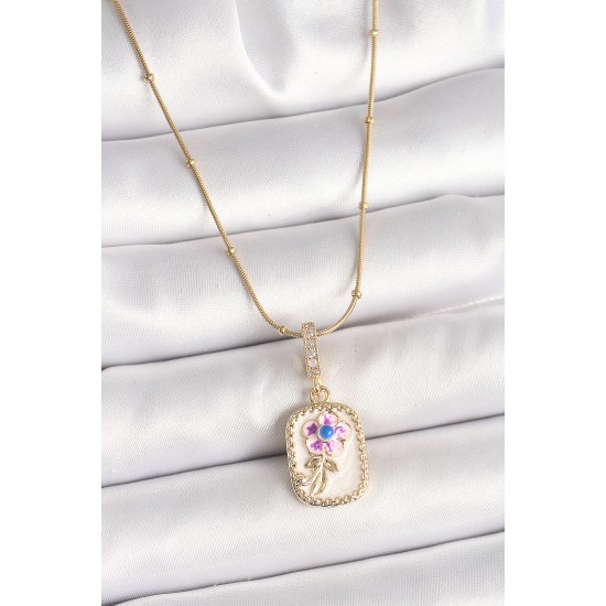 316L Çelik Gold Renk Topçuk Zincir Zirkon Taş Detaylı Beyaz Sedefli Çiçek İşleme Portre Model Kadın Küpe - TJ-BKO9907