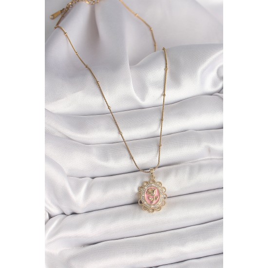 316L Çelik Gold Renk Topçuk Zincir Zirkon Taş Detaylı Pembe Gül İşlemeli Portre Model Kadın Kolye - TJ-BKO9908