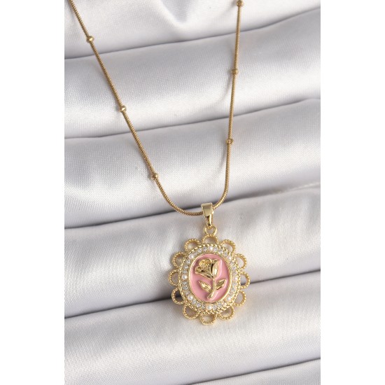 316L Çelik Gold Renk Topçuk Zincir Zirkon Taş Detaylı Pembe Gül İşlemeli Portre Model Kadın Kolye - TJ-BKO9908