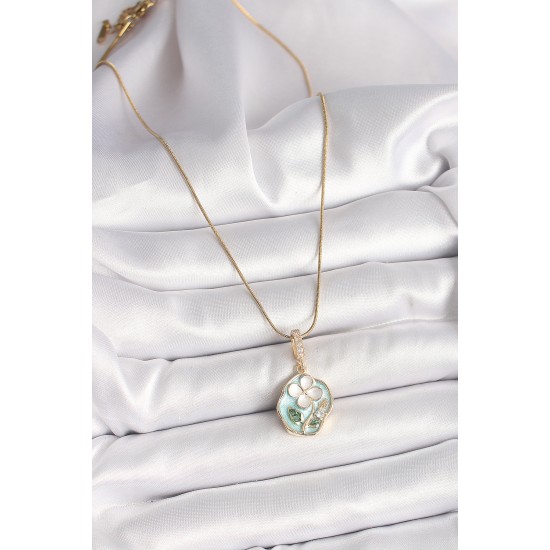 316L Çelik Gold Renk Zincir Zirkon Taşlı Beyaz Yonca İşlemeli Mavi Portre Model Kadın Kolye - TJ-BKO9909