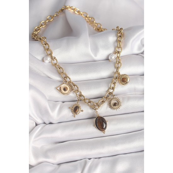 316L Çelik Gold Renk Kaplan Göz Taşlı Göz Figür Kadın Kolye - TJ-BKO9910