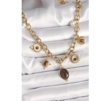 316L Çelik Gold Renk Kaplan Göz Taşlı Göz Figür Kadın Kolye - TJ-BKO9910